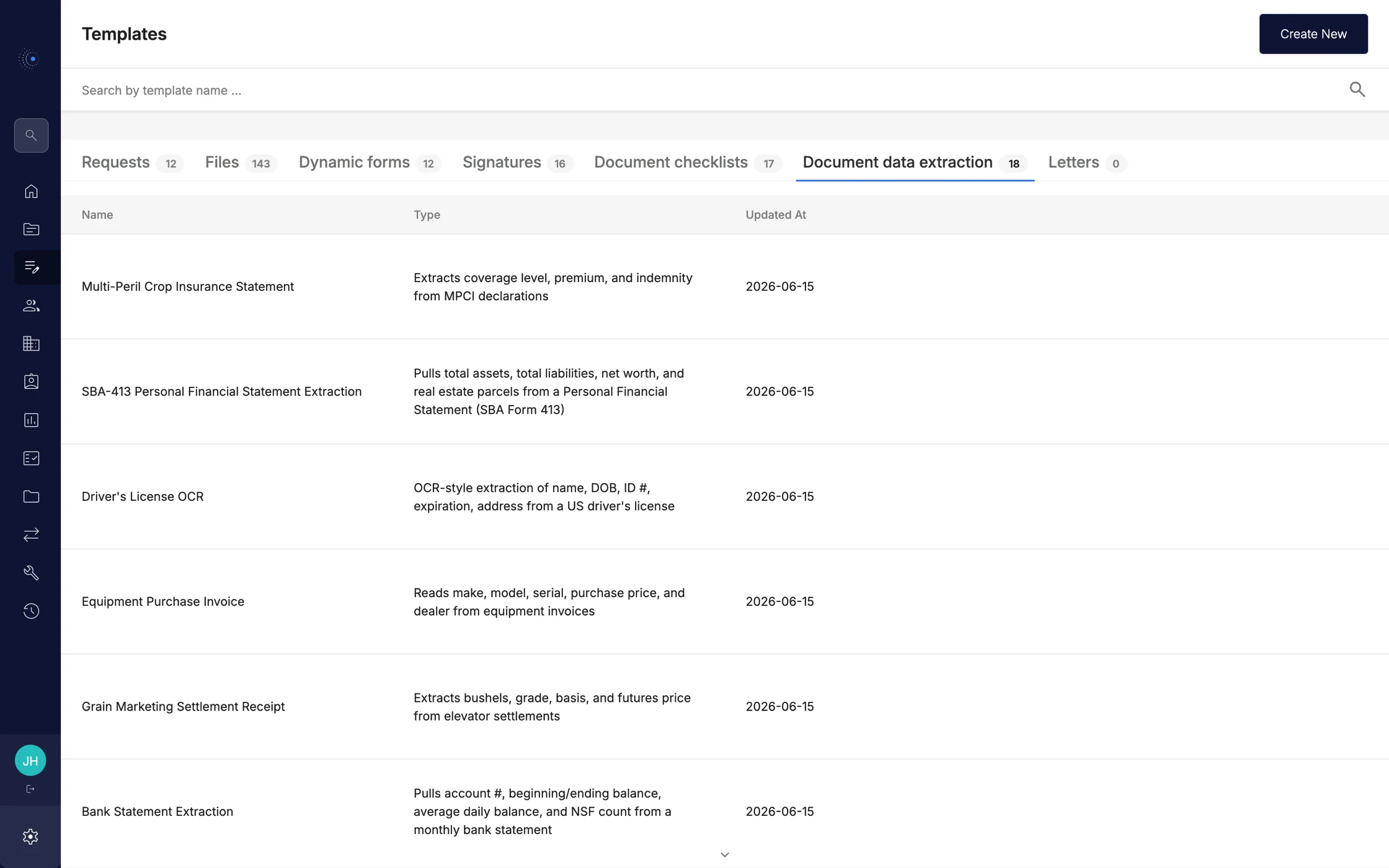 The document data extraction library: eighteen definitions including a multi-peril crop insurance statement, an SBA-413 personal financial statement, a grain marketing settlement receipt and an equipment purchase invoice, each with the fields it pulls.
