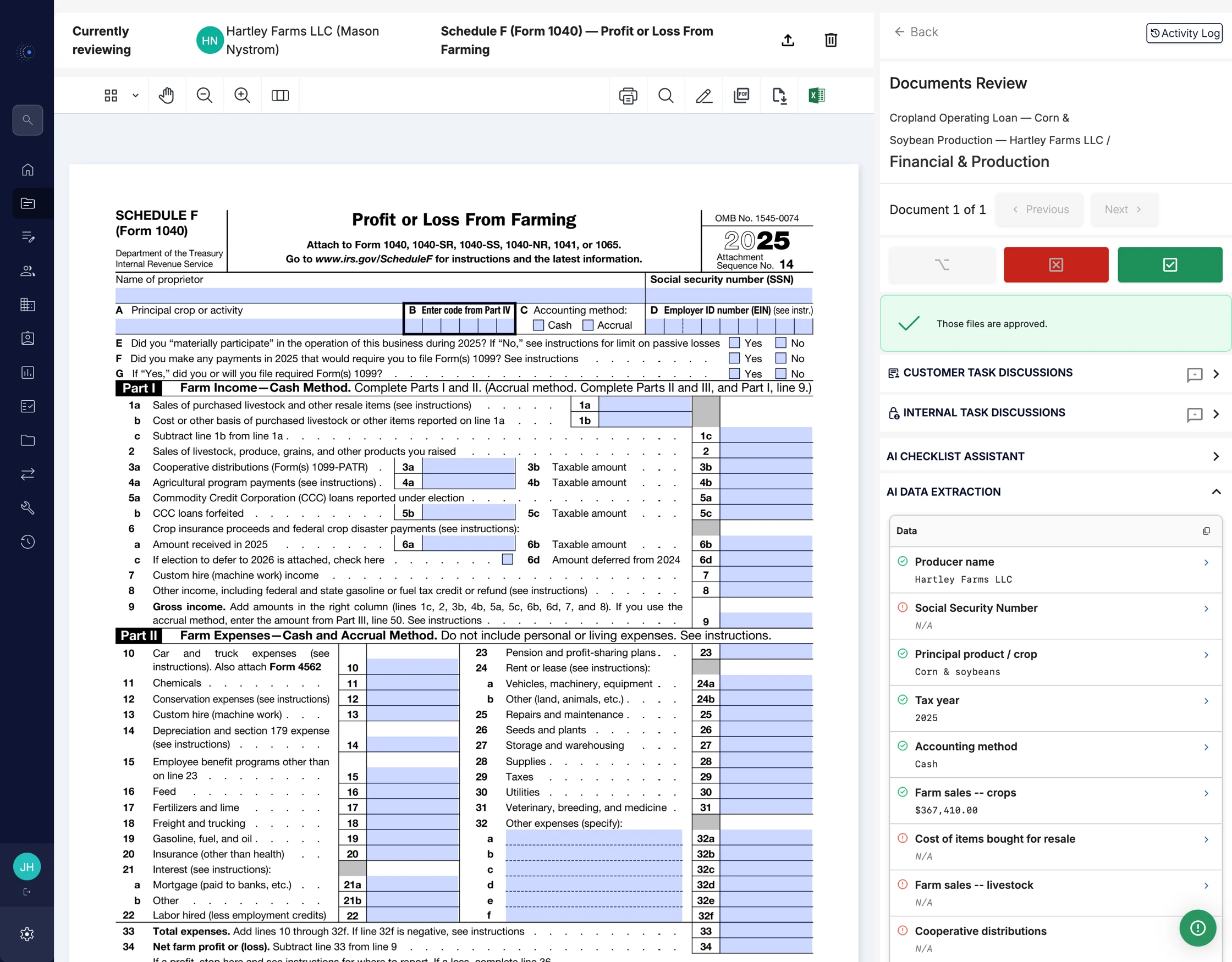 A Schedule F tax return open in the review window, with the extraction panel beside it listing producer name, principal crop, tax year, accounting method and farm sales, and four fields marked as not found.