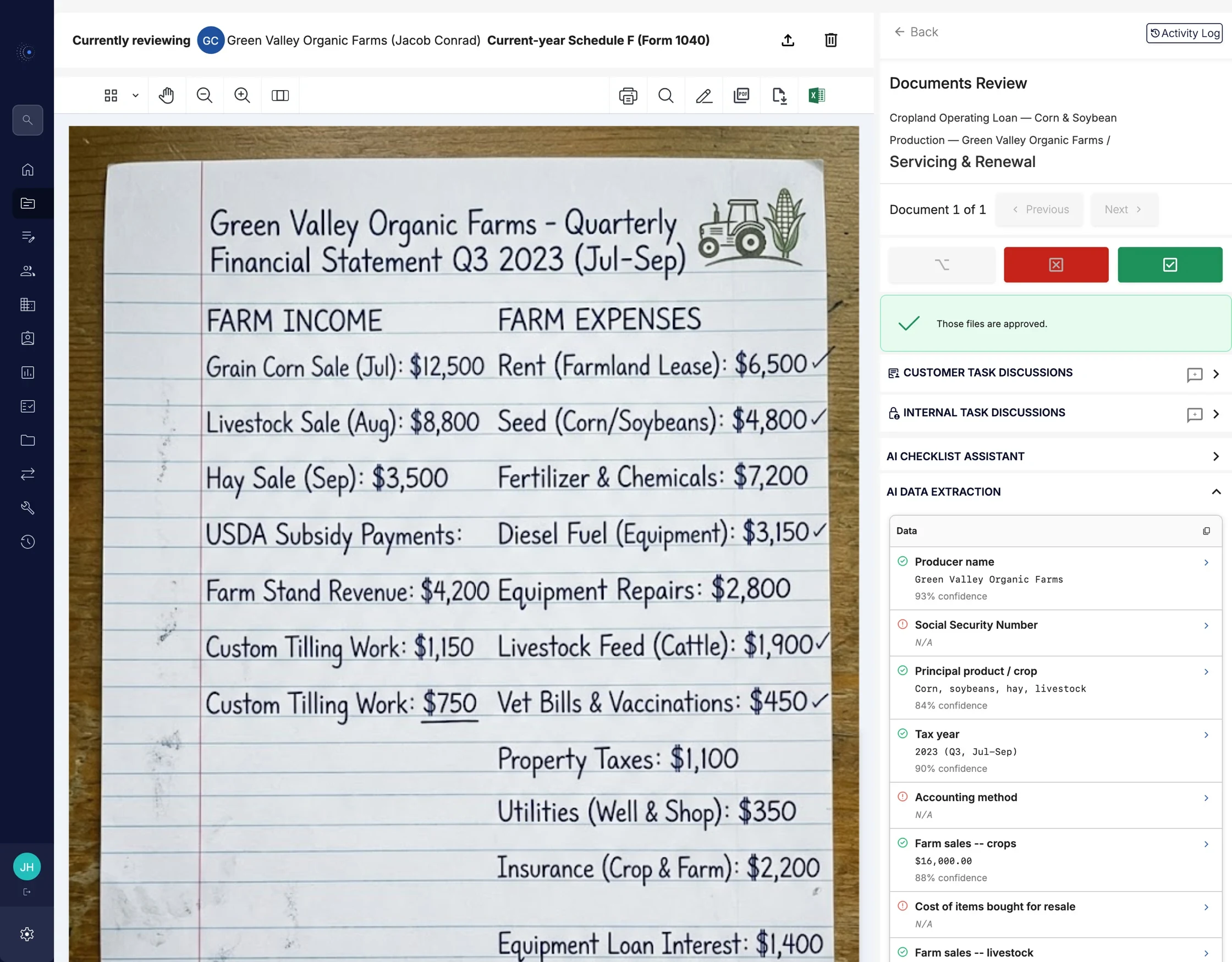 A photograph of a handwritten quarterly farm statement on lined paper open in the review window, with the extraction panel beside it reading producer name at 93 per cent confidence, principal crops at 84, the quarter at 90 and crop sales at 88, and four fields the page does not state marked as not found.