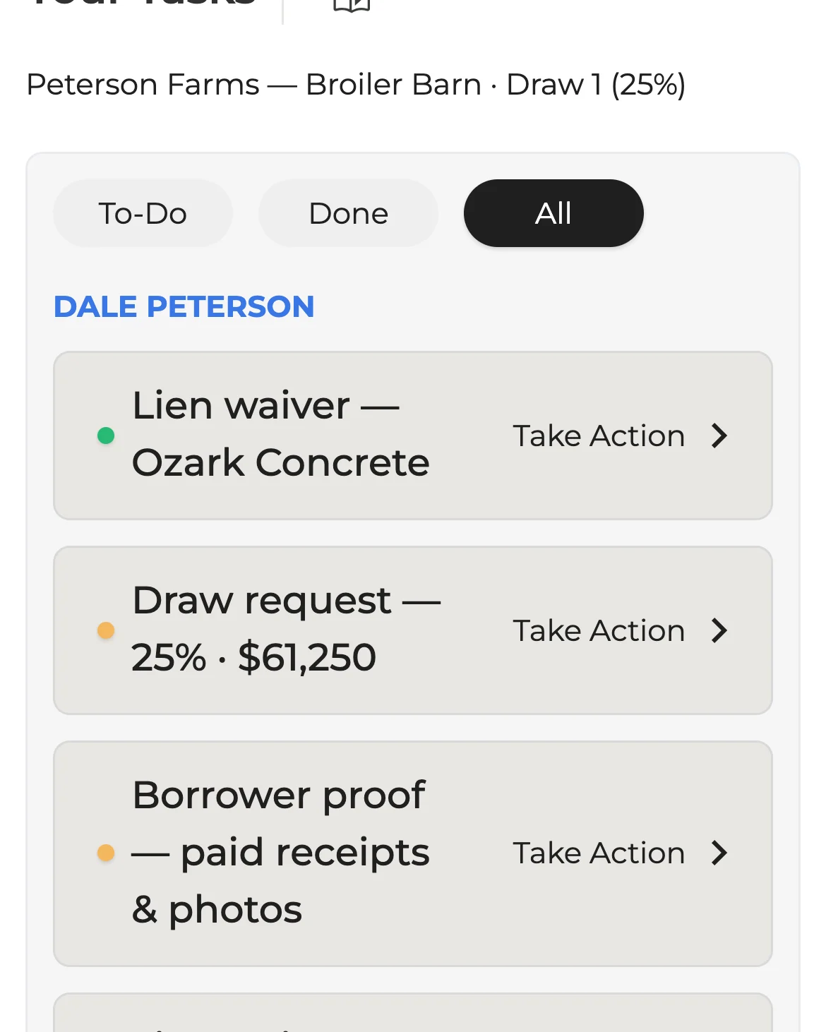 The borrower’s task list on a phone: four items for one draw request, two marked done in green and two still outstanding in amber, each with a Take Action link.