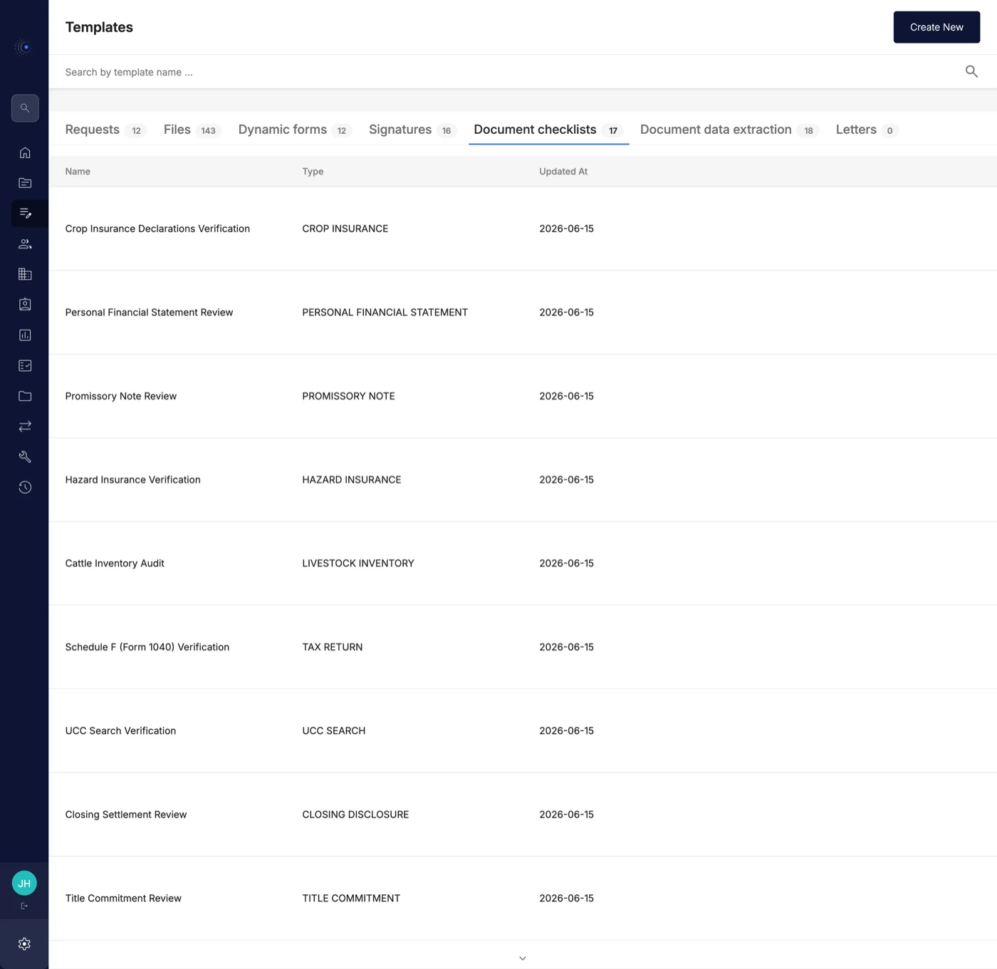 The document checklist library: crop insurance declarations, personal financial statement, promissory note, hazard insurance, cattle inventory, Schedule F, UCC search, closing settlement and title commitment, each with the document type it applies to.