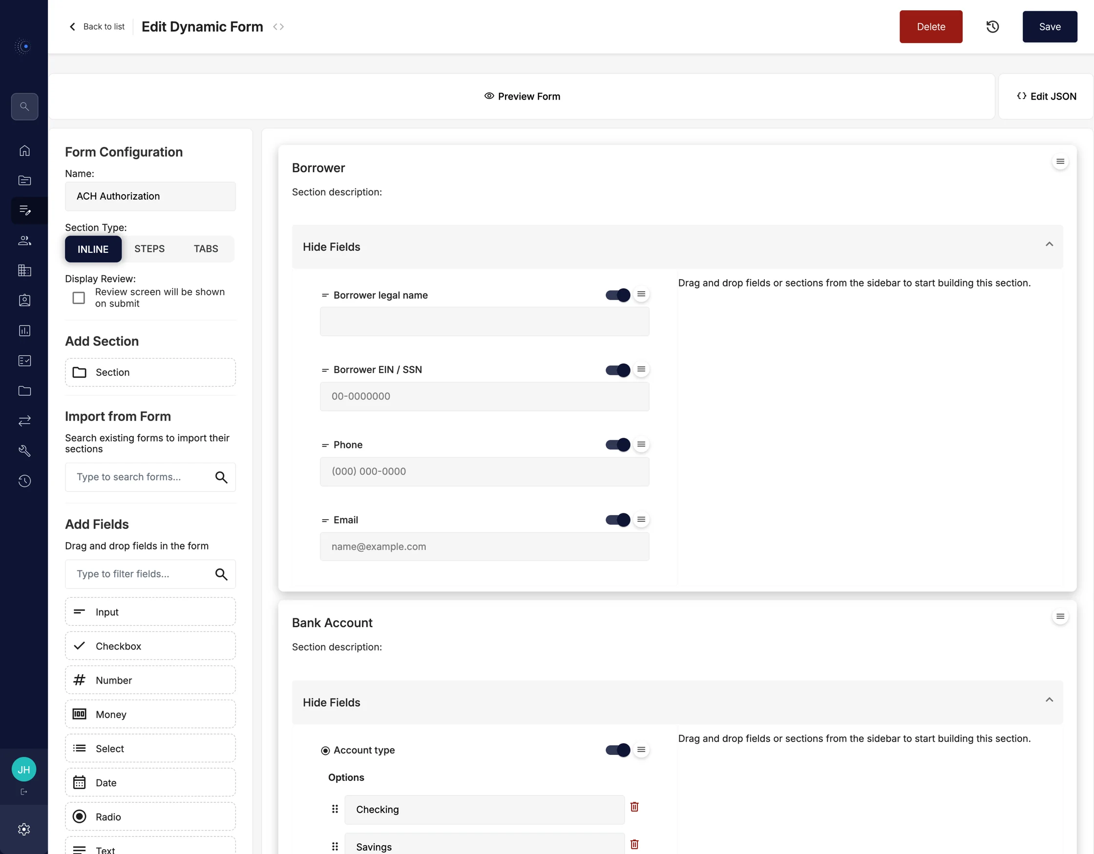 The application builder: a palette of field types on the left, and an application being assembled from a borrower section and a bank-account section on the right.