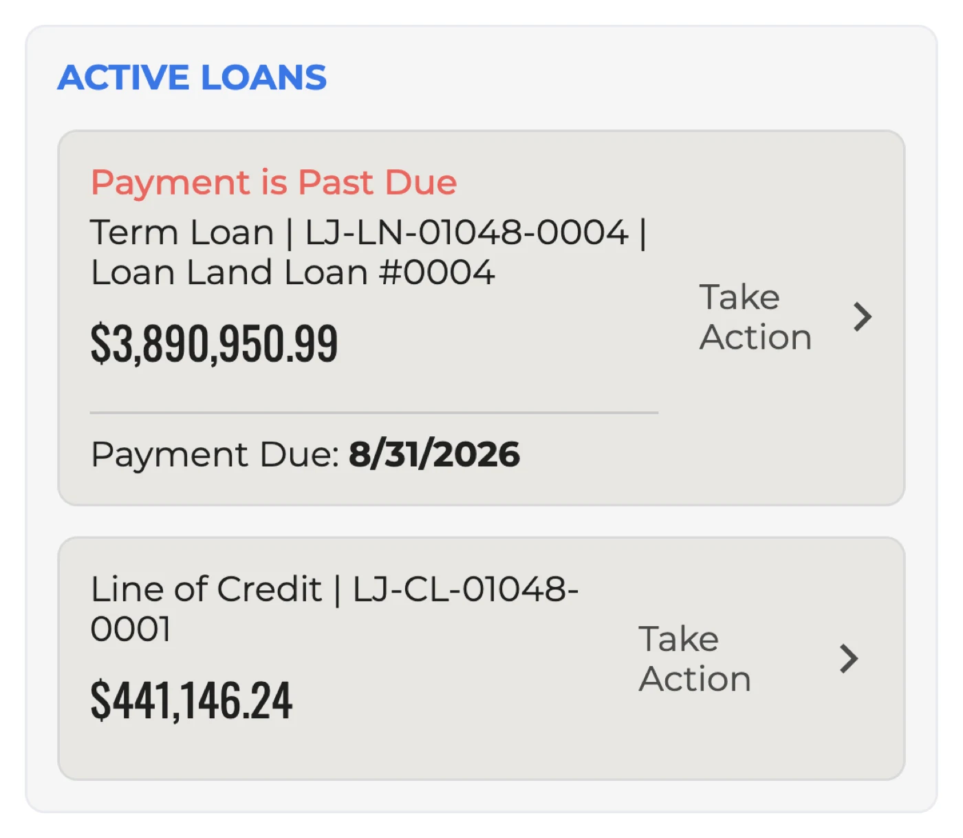 The borrower’s active loans on a phone: a term loan of $3,890,950.99 flagged Payment is Past Due, and a line of credit of $441,146.24, each with a Take Action link.